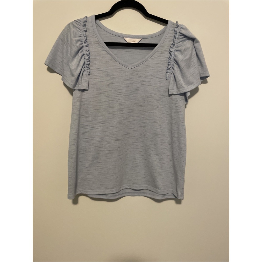 LC Lauren Conrad M Blue V Neck Ruffle Sleeve Knit Top Romantic